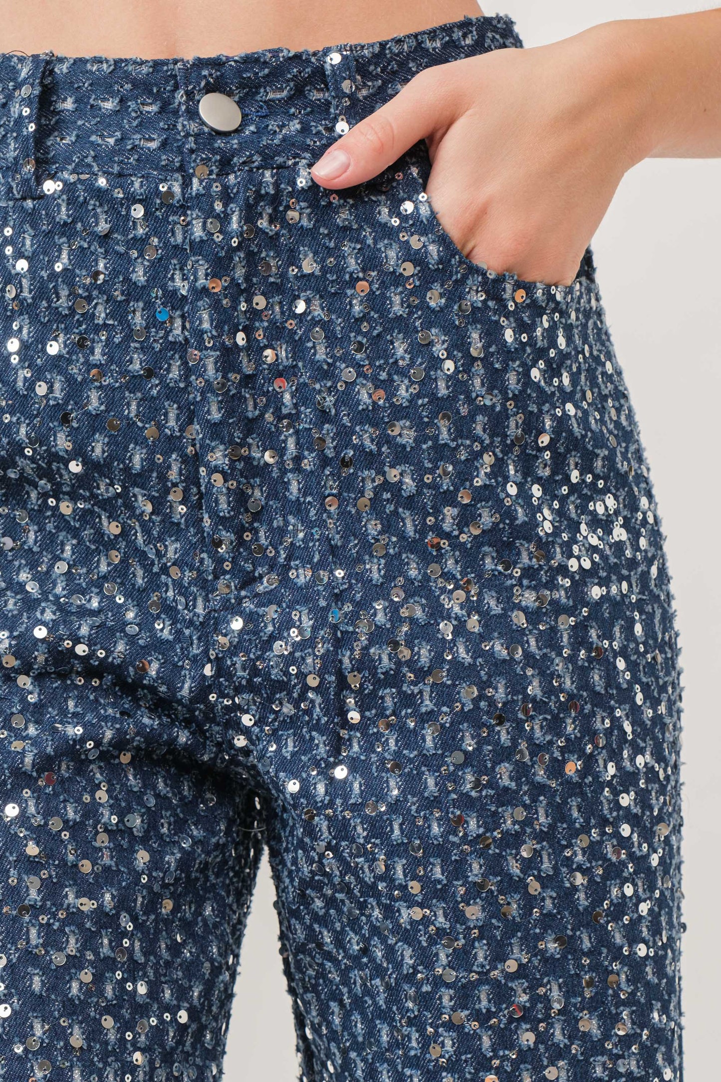 Distressed sequin denim pants