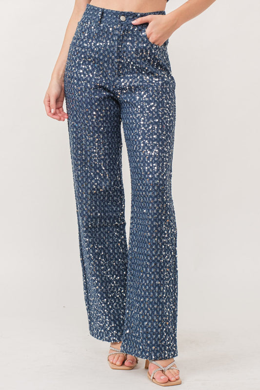 Distressed sequin denim pants