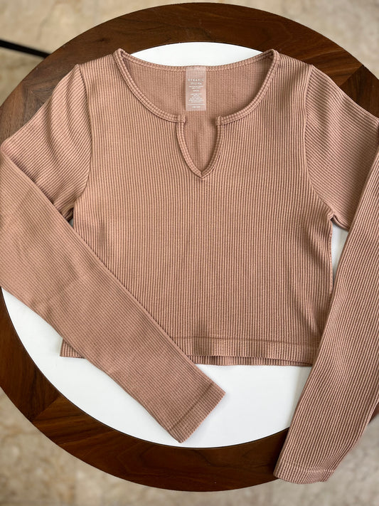 V Neck Long Sleeve Crop Top